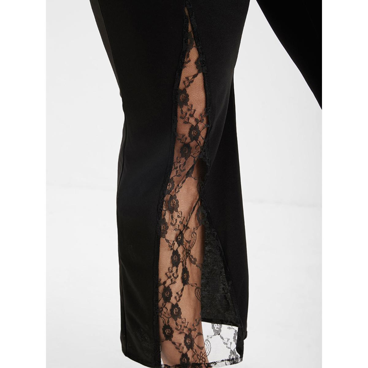 Plus Size Solid Pocket Contrast Lace Panel Pants Women Black Glamour High Rise Going out Pants BloomChic 14/1X Product Image