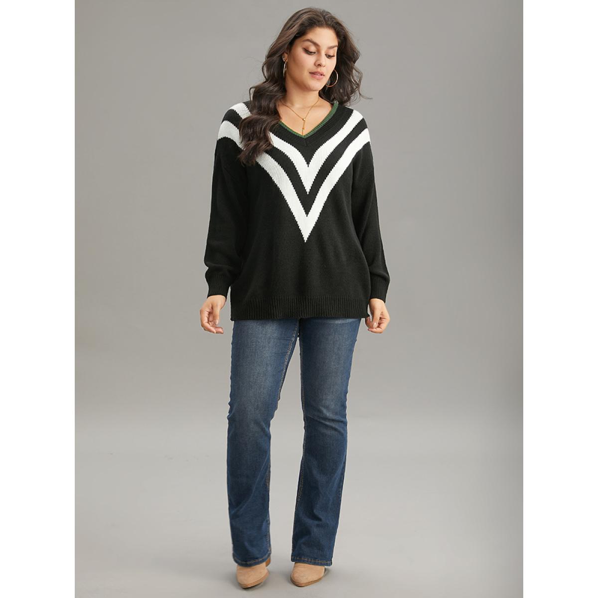 Plus Size Striped Contrast Trim Long Sleeve Pullover Black Women Casual Loose Long Sleeve V-neck Everyday Pullovers BloomChic 12/L Product Image