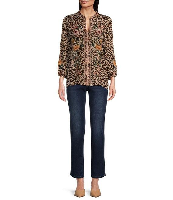Karyn Seo Maria Floral Animal Print Embroidered Notch V-Neck 3/4 Sleeve Top Product Image
