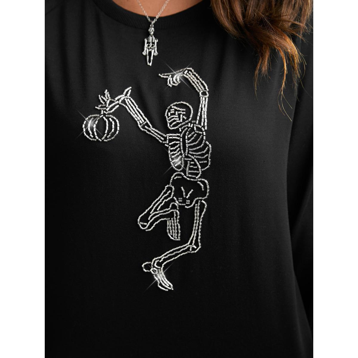 Plus Size Skull Embellished Raglan Sweatshirt Women Black Casual Patchwork Loose Round Neck Everyday Sweatshirts BloomChic 26/4X Product Image