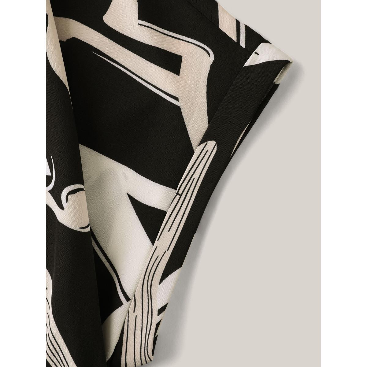 Plus Size Abstract Print Ribbon Collar Midi Dress Black Women Ribbon-tied collar Cap Sleeve Curvy BloomChic 22-24/3X Product Image