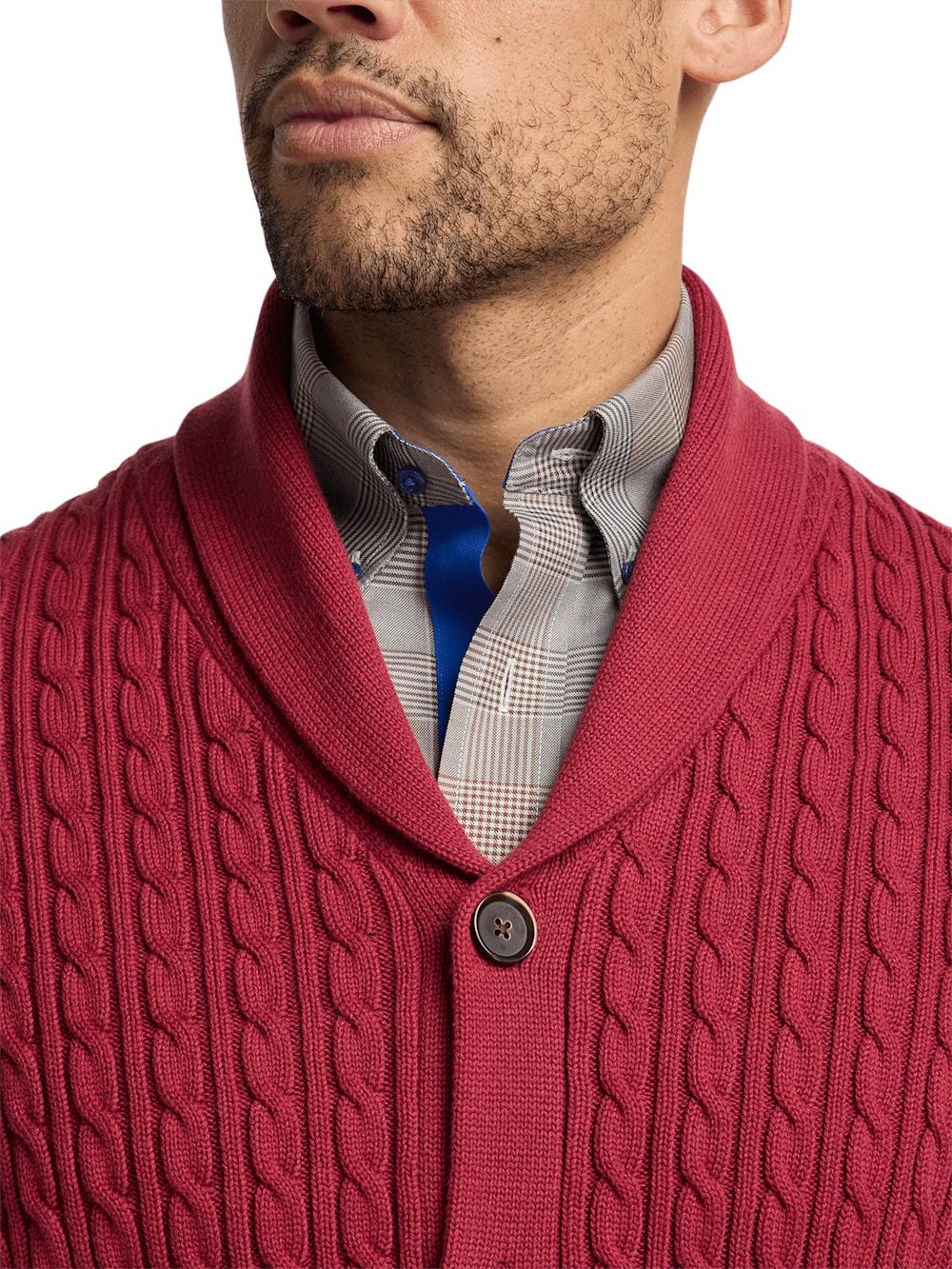 Cotton Cable Button Front Shawl Collar Cardigan - Burgundy Product Image