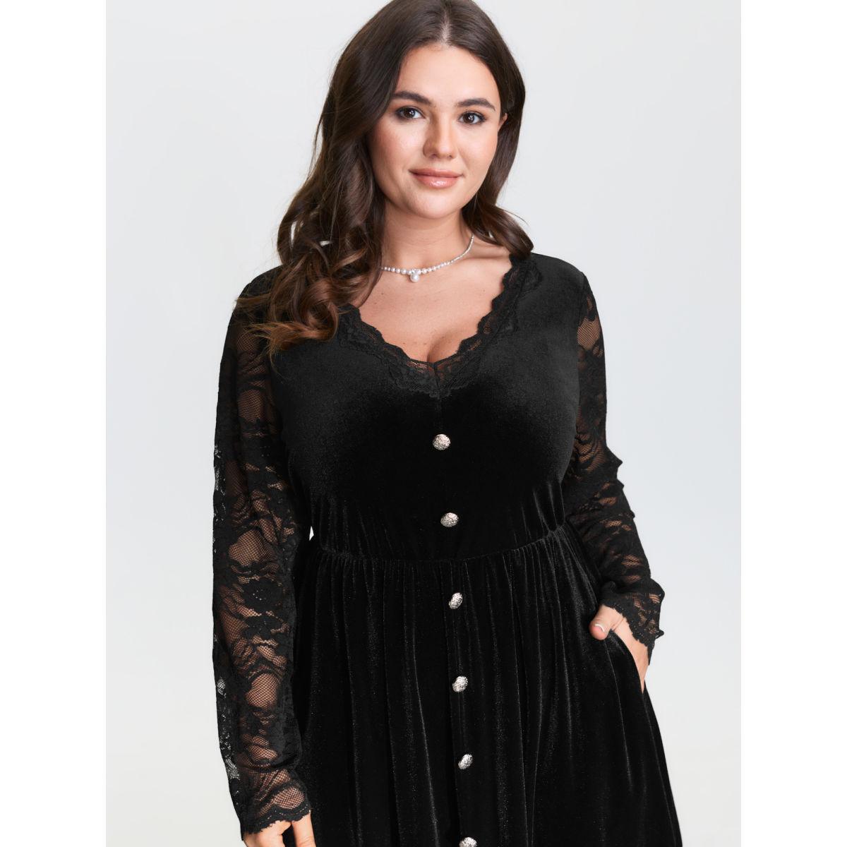 Plus Size Velvet Sheer Floral Lace Midi Dress Black Women Romantic Patchwork Deep V-neck Long Sleeve Curvy BloomChic 28/5X Product Image