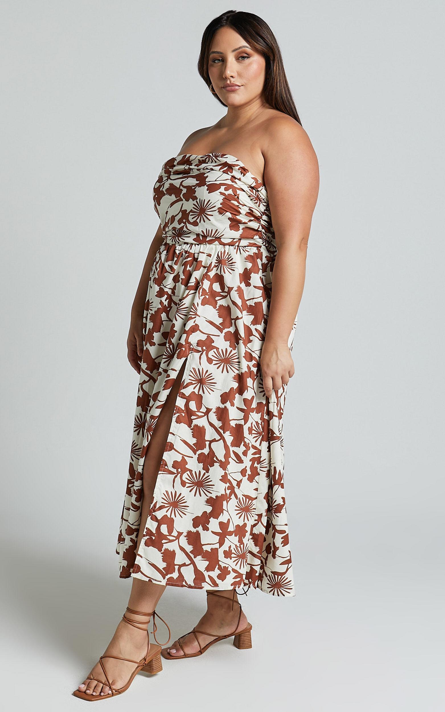 Evita Midi Dress - Ruched High Split Strapless Dress in Multi Product Image