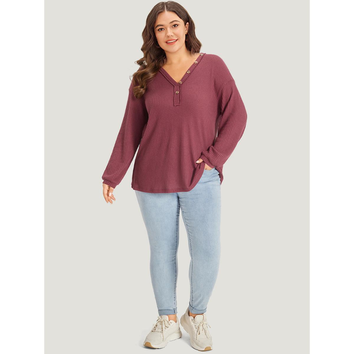 Plus Size Waffle Knit Button Detail V Neck T-shirt Russet Women Casual Elastic cuffs Plain V-neck Dailywear T-shirts BloomChic 14-16/1X Product Image