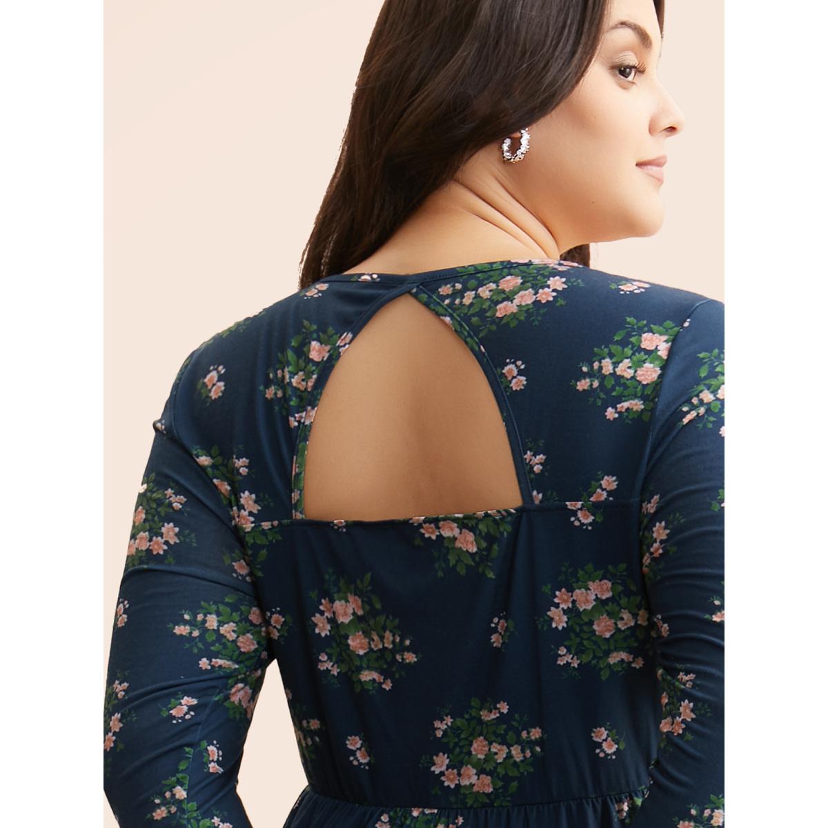 Plus Size Square Neck Floral Cut Out Dress Navy Women Elegant Cut-Out Square Neck Long Sleeve Curvy BloomChic 10/M Product Image