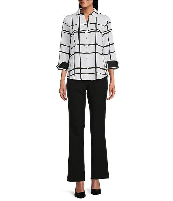 Investments Woven Blocked Plaid 3/4 Sleeve Point Collar Button Front Split Cuff Top Product Image