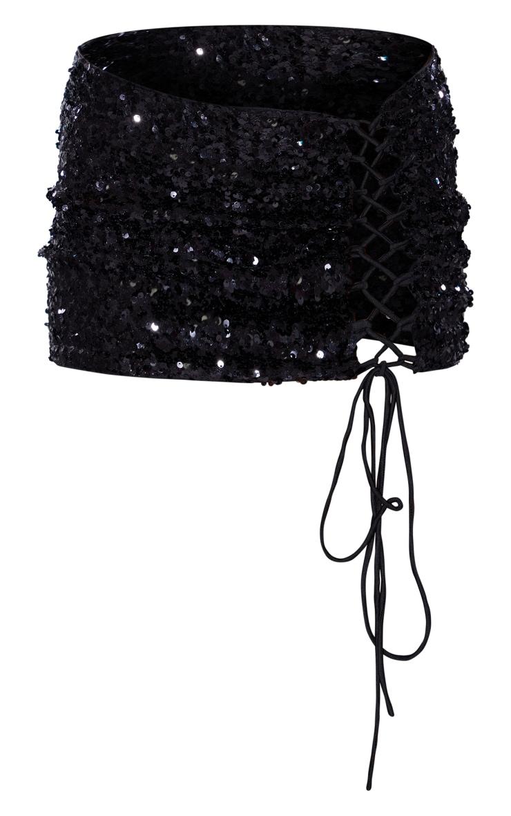 Black Sequin Lace Up Side Micro Mini Skirt Product Image