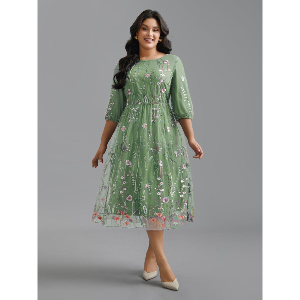 Plus Size Floral Embroidered Elastic Waist Lined Midi Dress Greenbean Women Formal Texture Party Curvy Bloomchic 12/L Product Image