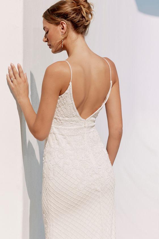 Cherished Vow White Beaded Backless Mermaid Maxi Dress Product Image