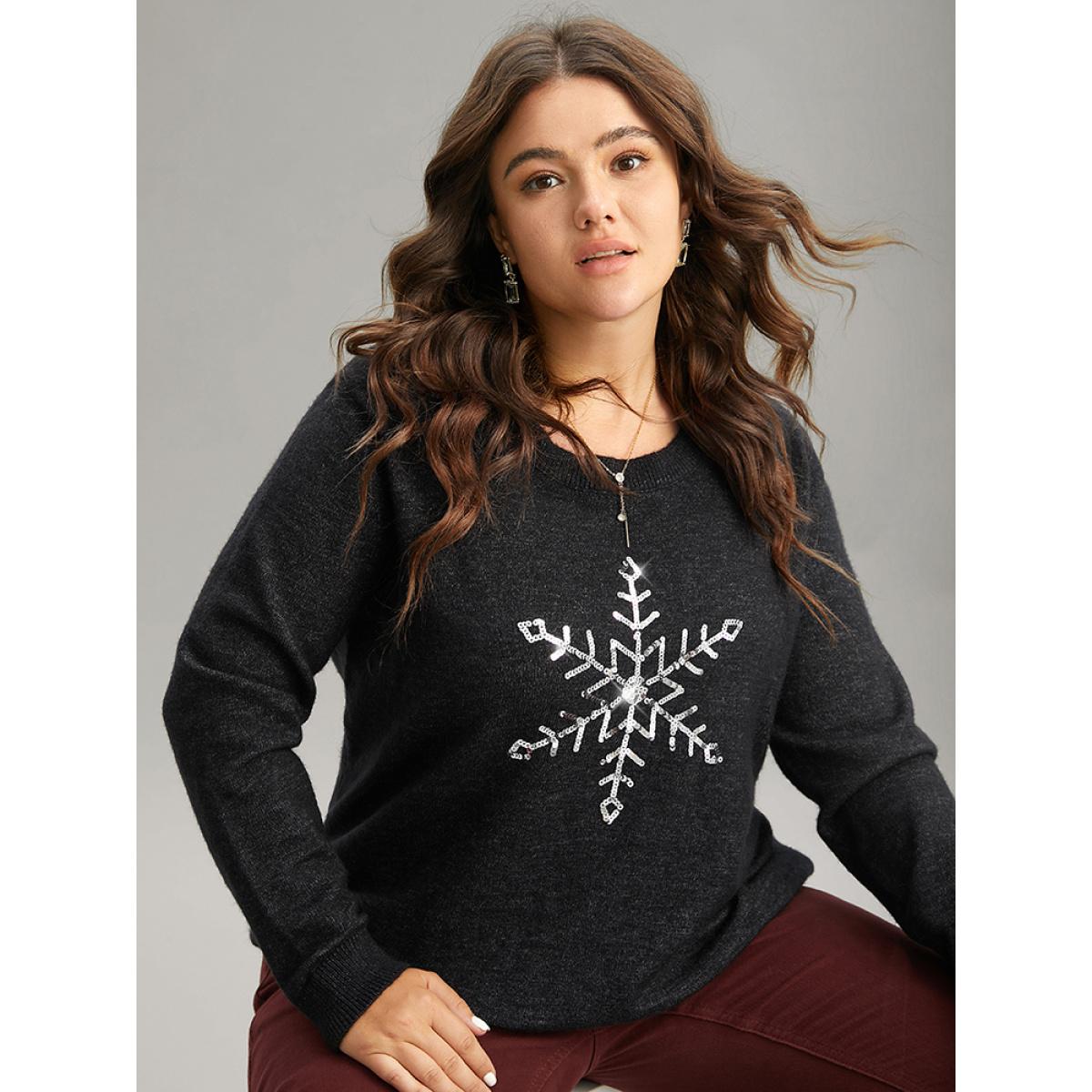 Plus Size Anti-Pilling Sequin Snowflake Round Neck Pullover Black Women Casual Loose Long Sleeve Round Neck Festival-Christmas Pullovers BloomChic 28/5X Product Image