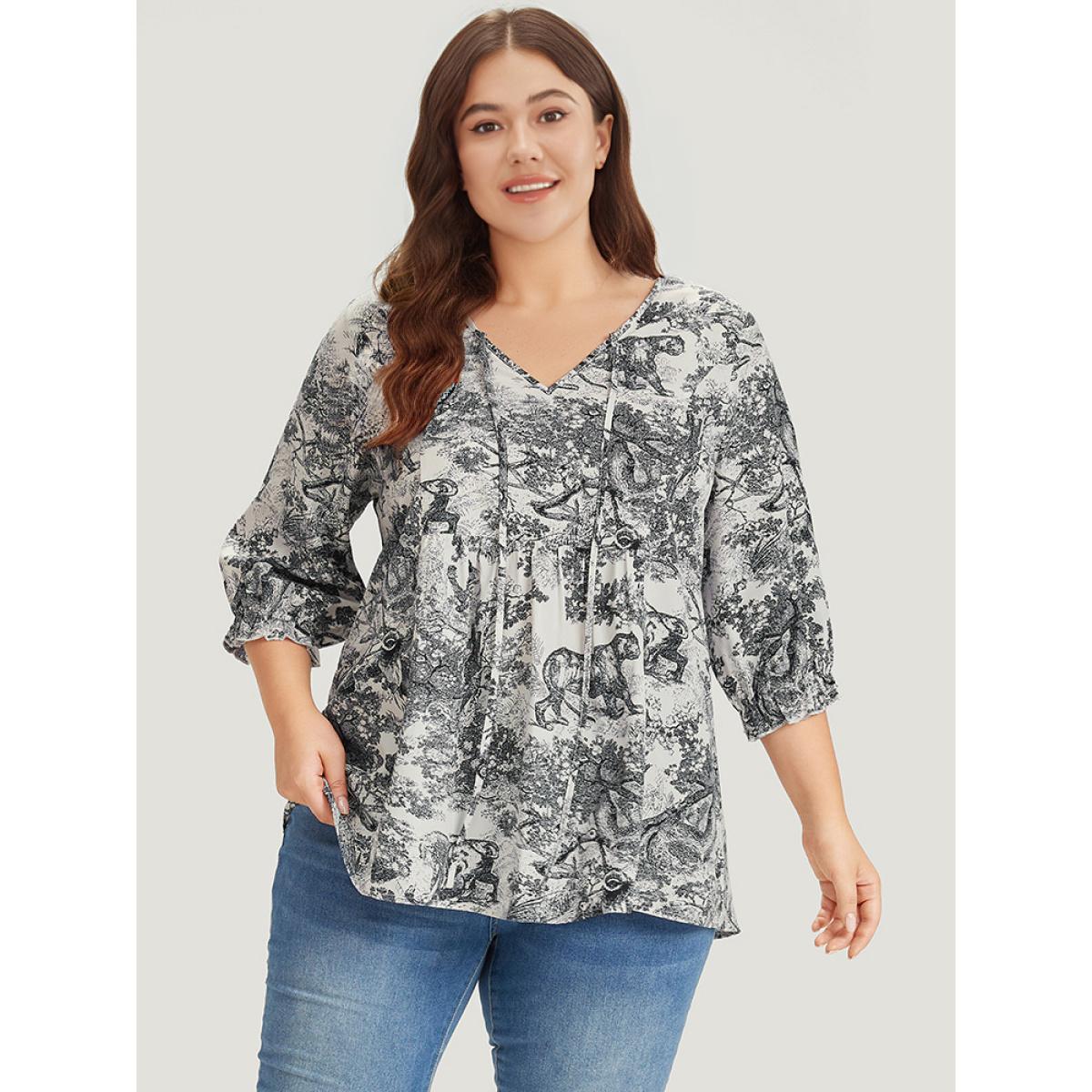 Plus Size Black Print Knot Neck Lantern Sleeve Ruffle Hem Blouse Women Vacation Half Sleeve V-neck Dailywear Blouses BloomChic 10/M Product Image