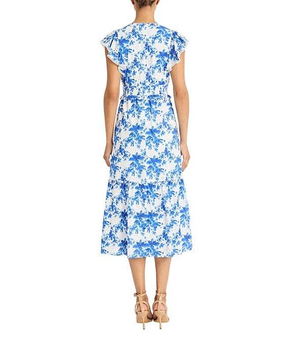 Maggy London Eyelet Floral Print V-Neck Short Sleeve A-Line Midi Dress Product Image