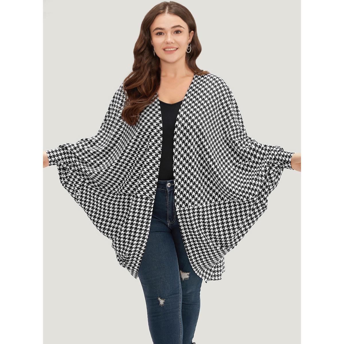 Plus Size Houndstooth Asymmetrical Hem Dolman Sleeve Kimono Women Black Casual Asymmetrical Loose Dailywear Kimonos BloomChic 22-24/3X Product Image