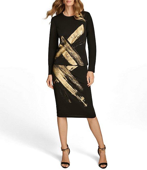 Donna Karan Gold Criss Cross Paint Crew Neck Long Sleeve Top Product Image