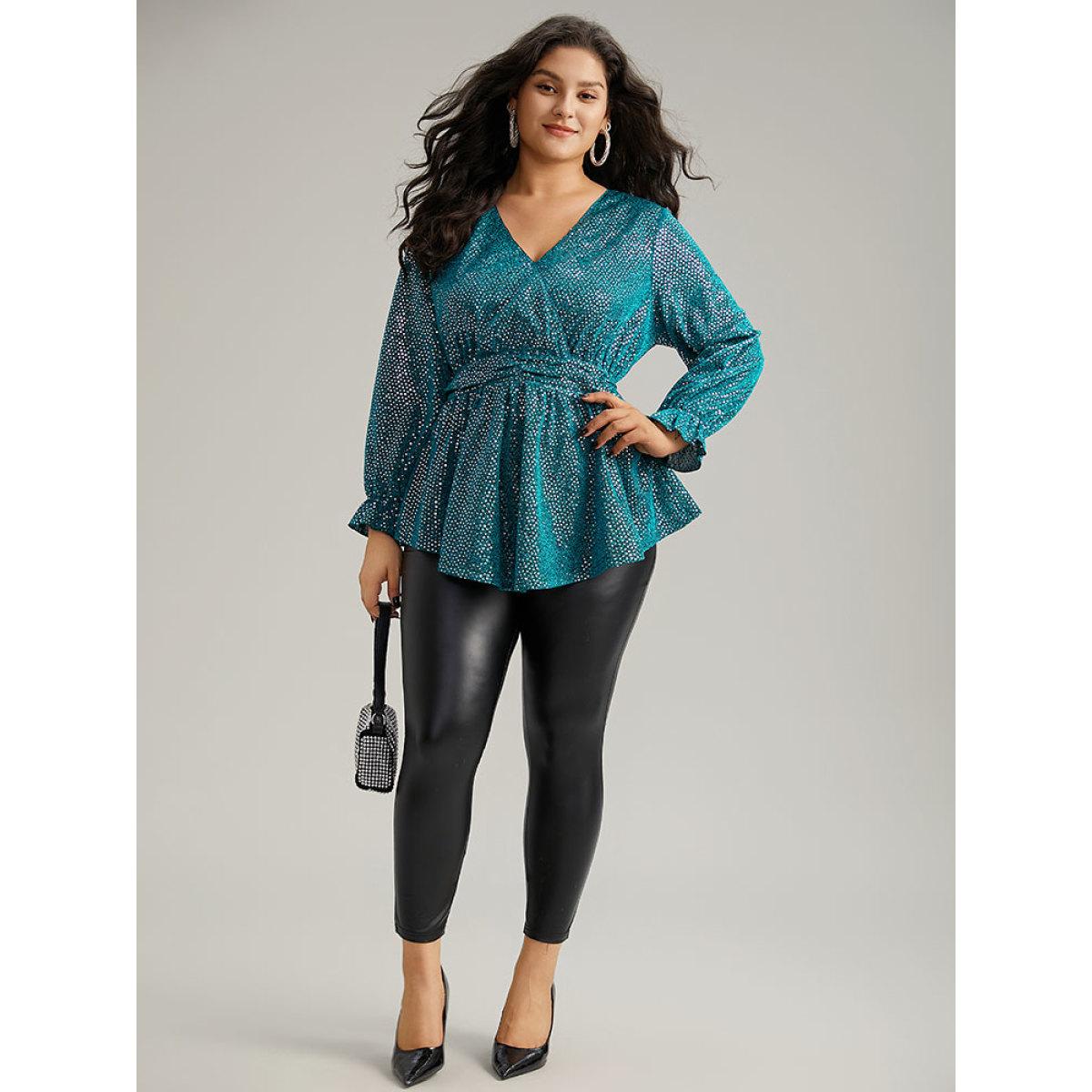 Plus Size Emerald Sequin Wrap Ruffles Ruched Lantern Sleeve Blouse Women Glamour Long Sleeve V-neck Festival-Christmas Blouses BloomChic 12/L Product Image