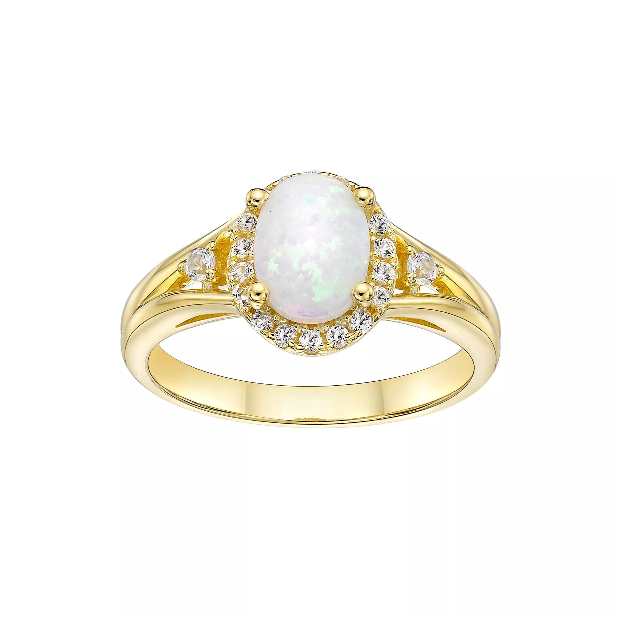 Gemminded 18k Gold Over Silver Lab-Created Opal & Lab-Created White Sapphire Halo Ring, Women's, Size: 7, 18k Gold Plated Product Image