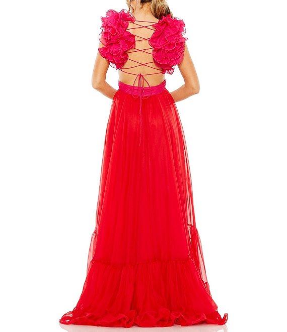 Mac Duggal V-Neck Ruffle Tiered Cut Out Gown Product Image