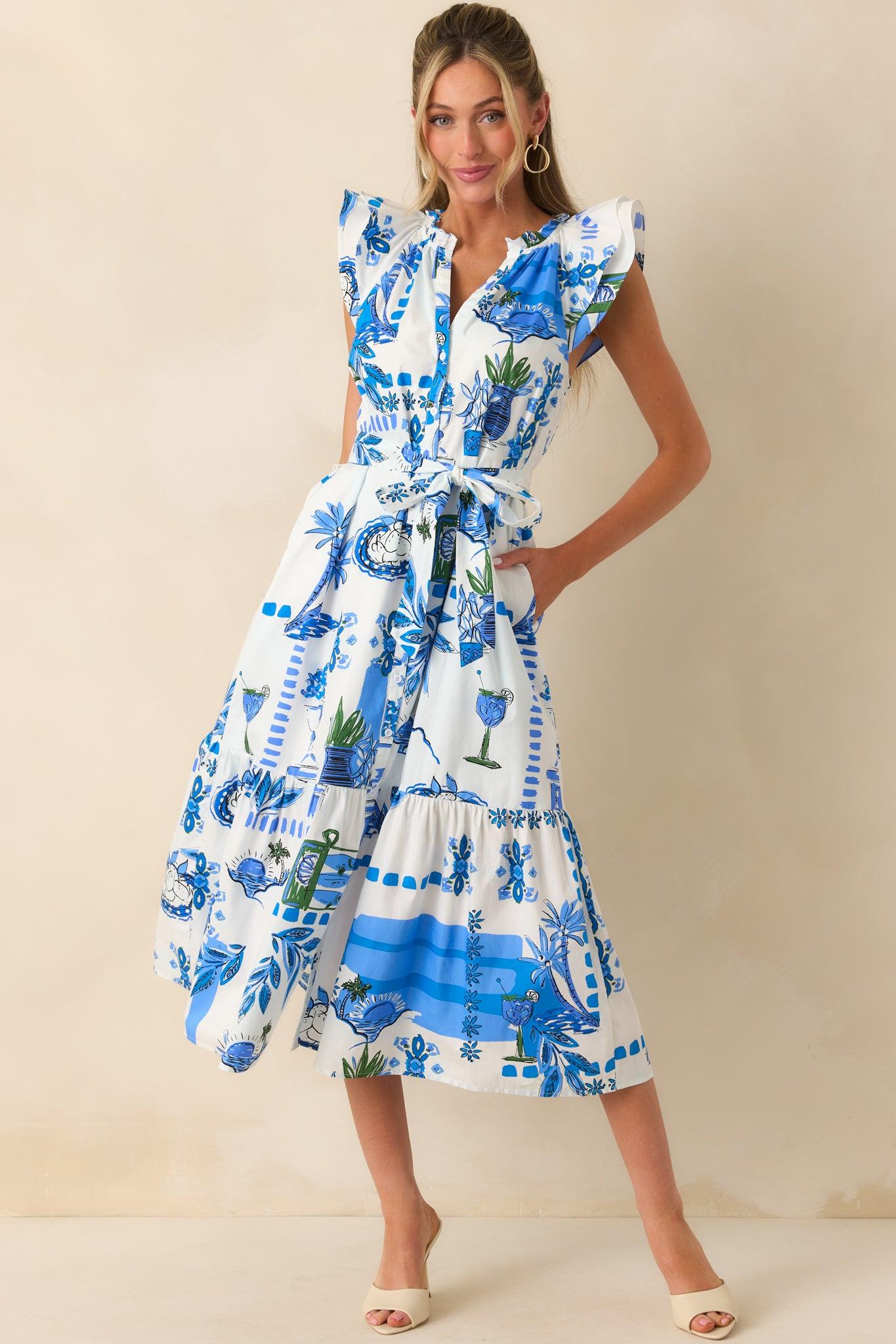 You're Glowing Blue Tropical Print Cotton Button Front Maxi Dress Product Image