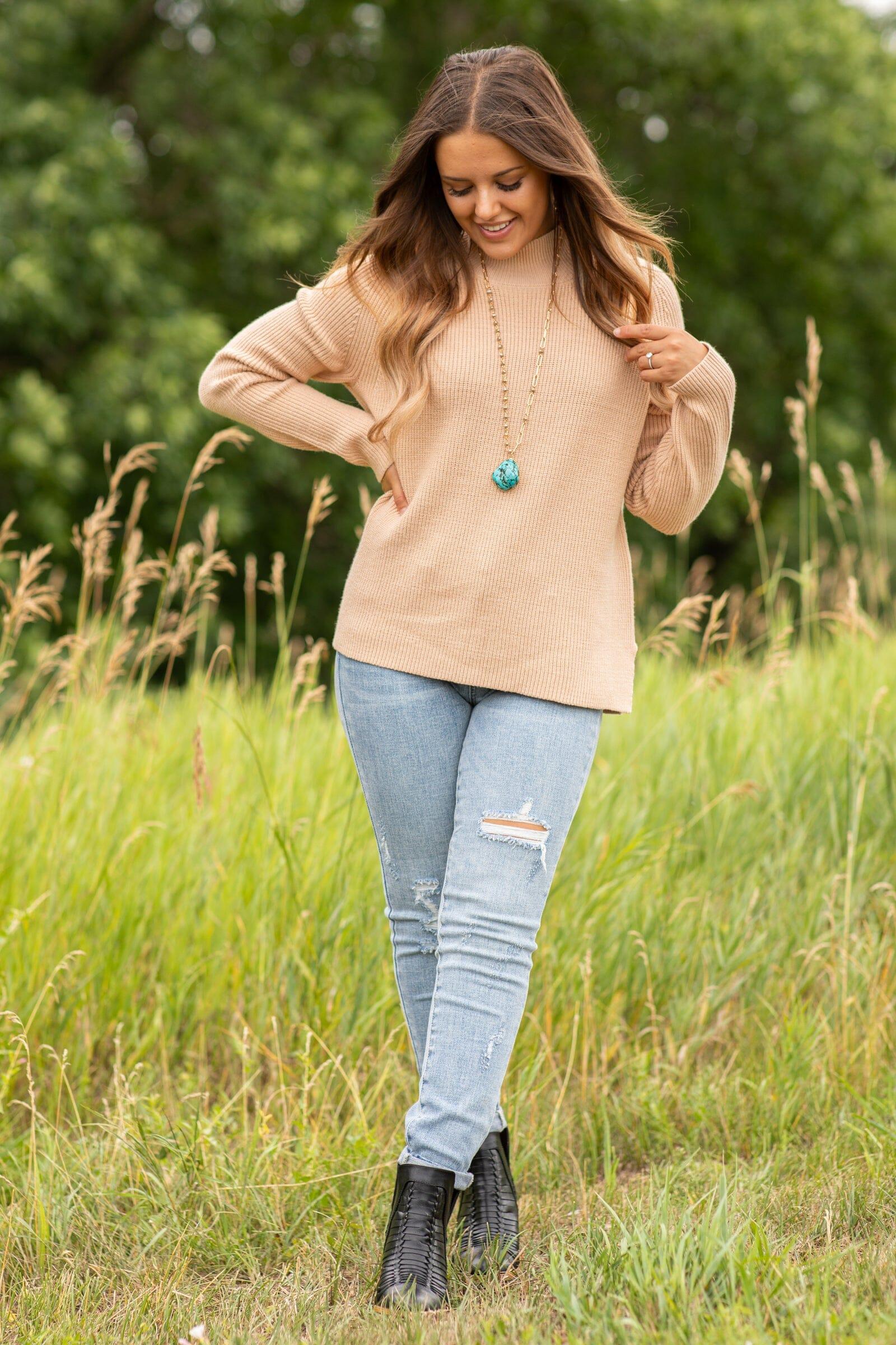 Beige Ribbed Mock Neck Sweater Product Image