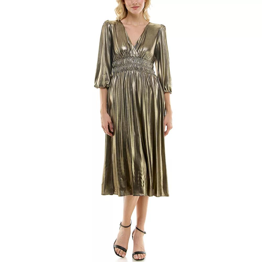 Women's Maison Tara Gold Knit V-Neck Fit & Flare Midi Dress, Size: 12, Antique Gold Product Image