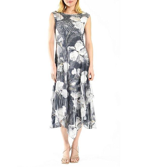 Komarov Charmeuse Chiffon Pleated Boat Neck Sleeveless Hanky Hem Midi Dress Product Image