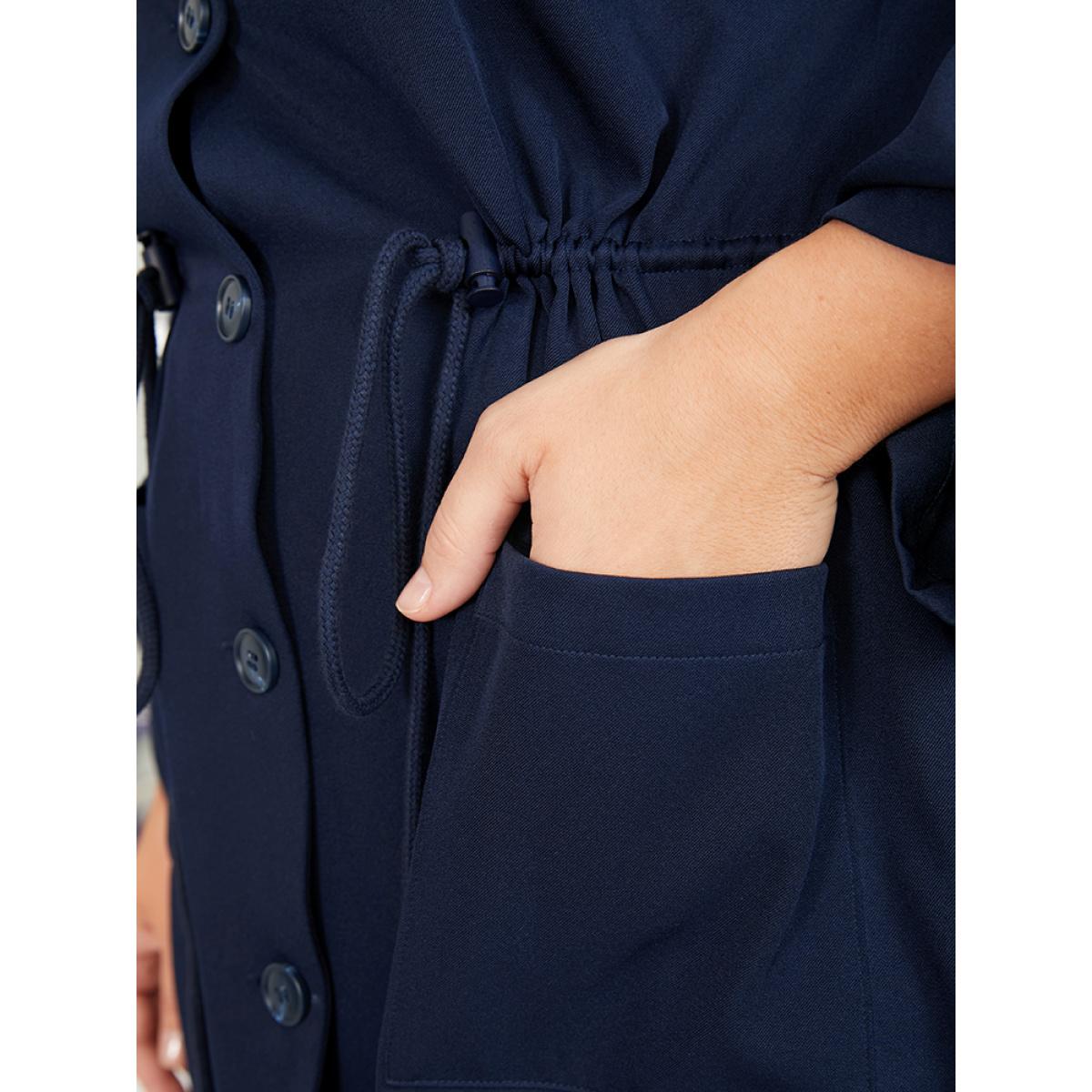 Plus Size Solid Pocket Button Up Cuffed Sleeve Drawstring Coat Women Navy Elegant Pocket Ladies Dailywear Winter Coats BloomChic 30/6X Product Image
