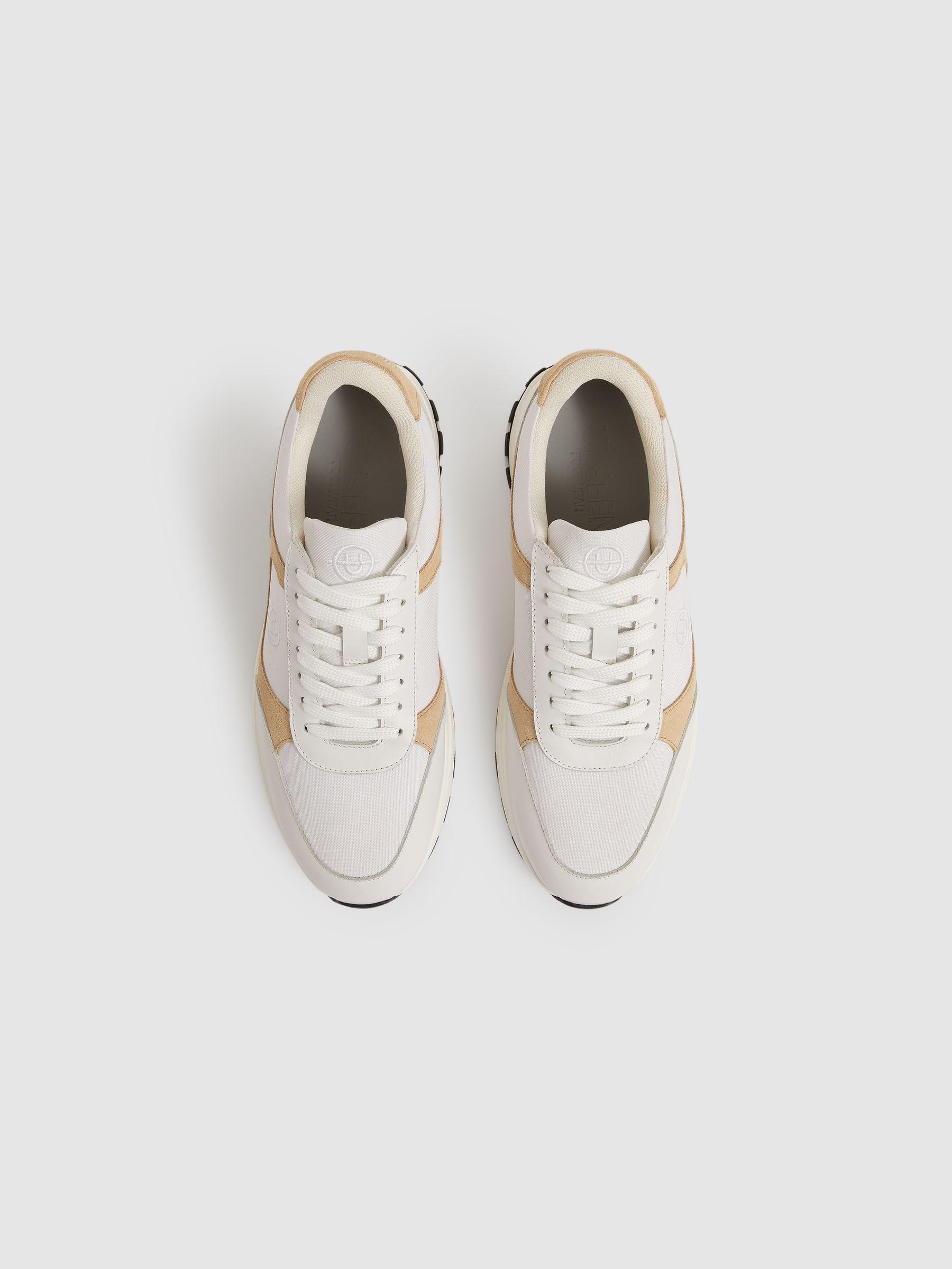 Unseen Suede Leather Colour-Block Trainers in White/Taupe Product Image