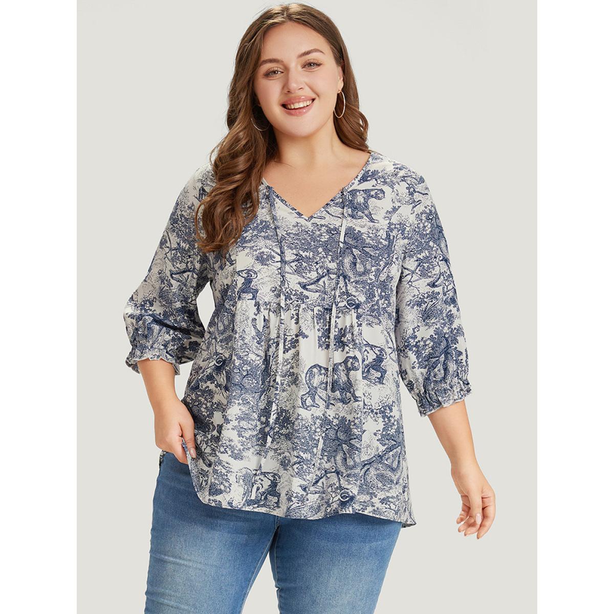 Plus Size Multicolor Print Knot Neck Lantern Sleeve Ruffle Hem Blouse Women Vacation Half Sleeve V-neck Dailywear Blouses BloomChic 18-20/2X Product Image
