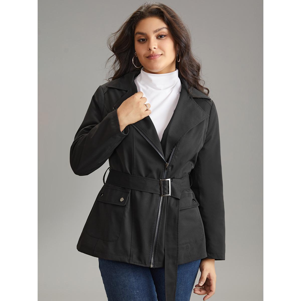 Plus Size Fuzzy Trim Patchwork Zipper Belted Lapel Collar Coat Women Black Casual Lined Ladies Dailywear Winter Coats BloomChic 12/L Product Image
