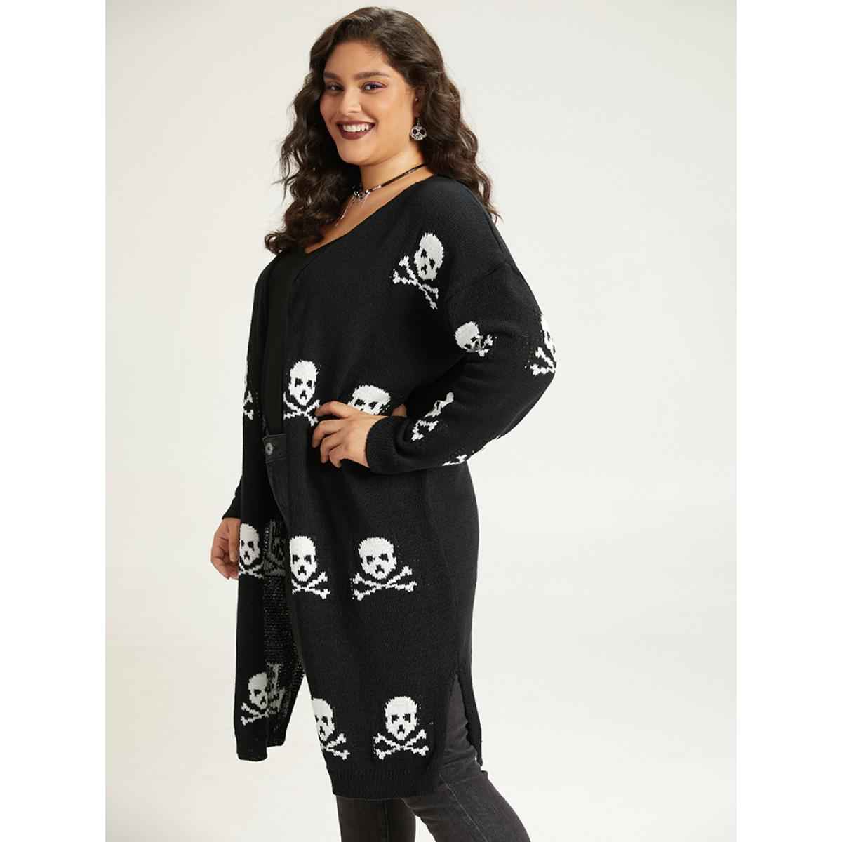 Plus Size Halloween Skull Print Split Side Drop Shoulder Maxi Cardigan Black Women Casual Loose Long Sleeve Festival-Halloween Cardigans BloomChic 26/4X Product Image