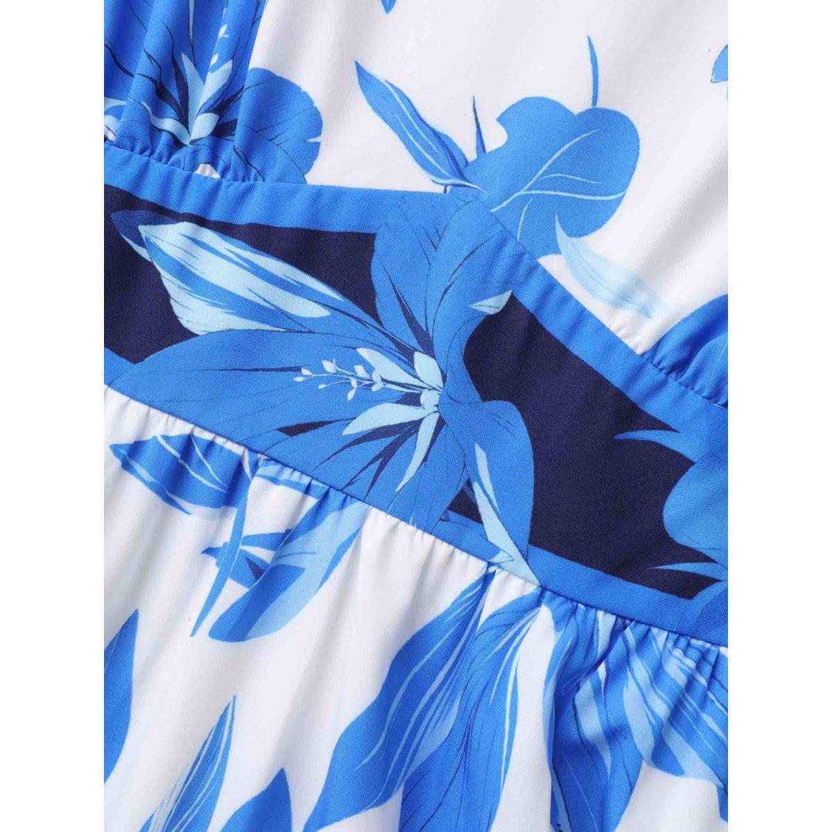 Plus Size Positioned Floral Waist-Cinched Midi Dress DarkBlue Women Elegant Gathered V-neck Half Sleeve Curvy BloomChic 22-24/3X Product Image