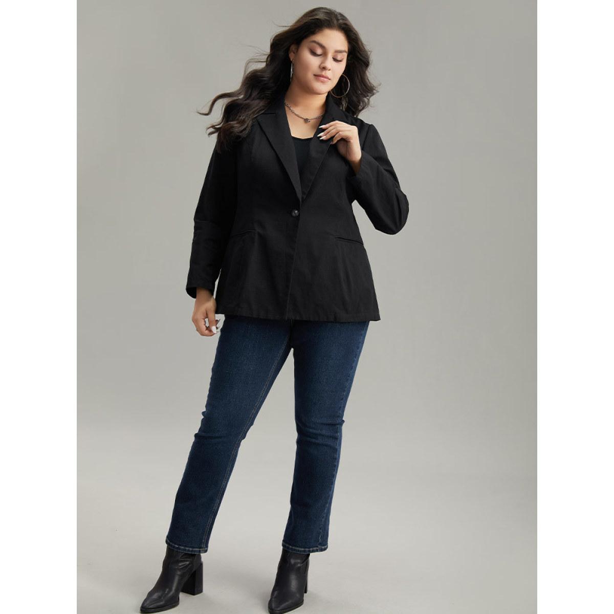 Plus Size Plain Gathered Suit Collar Button Fly Blazer Black Women Dailywear Plain Plain Sleeve Long Sleeve Suit Collar 14-16/1X Casual Blazers BloomChic Product Image