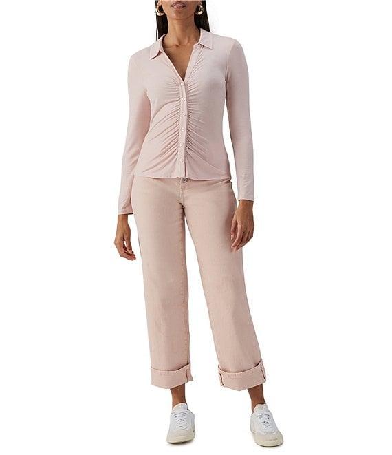 Sanctuary Dreamgirl Long Sleeve Point Collar Ruched Button Front Knit Top Product Image