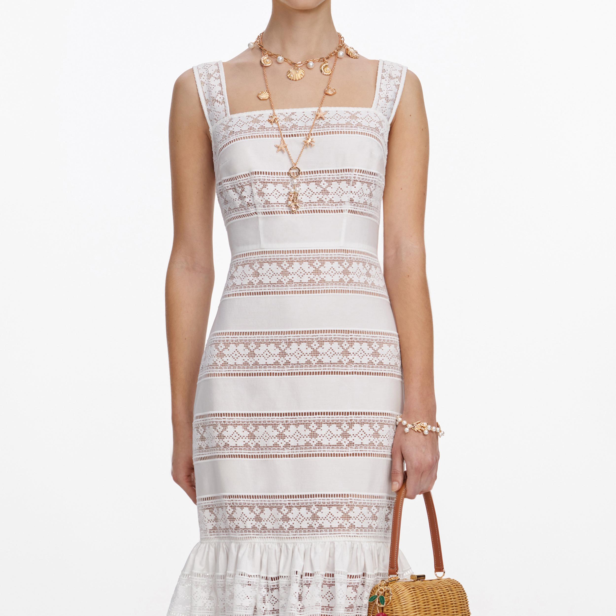 White Cotton Embroidered Midi Dress Product Image
