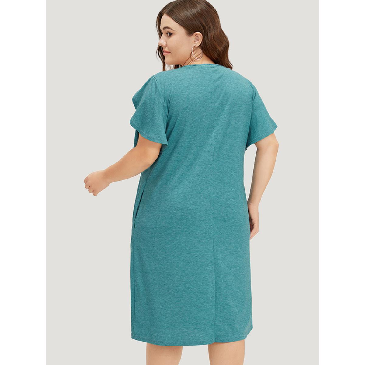 Plus Size Supersoft Essentials Solid Pocket Keyhole Petal Sleeve Dress Cerulean Women Casual Plain V-neck Short sleeve Curvy Midi Dress BloomChic 22-24/3X Product Image