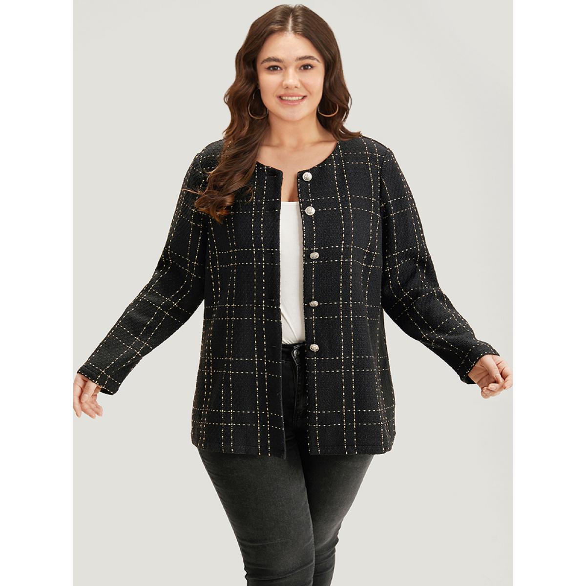 Plus Size Plaid Pattern Button Up Crew Neck Coat Women Black Casual Texture Ladies Dailywear Winter Coats BloomChic 14-16/1X Product Image