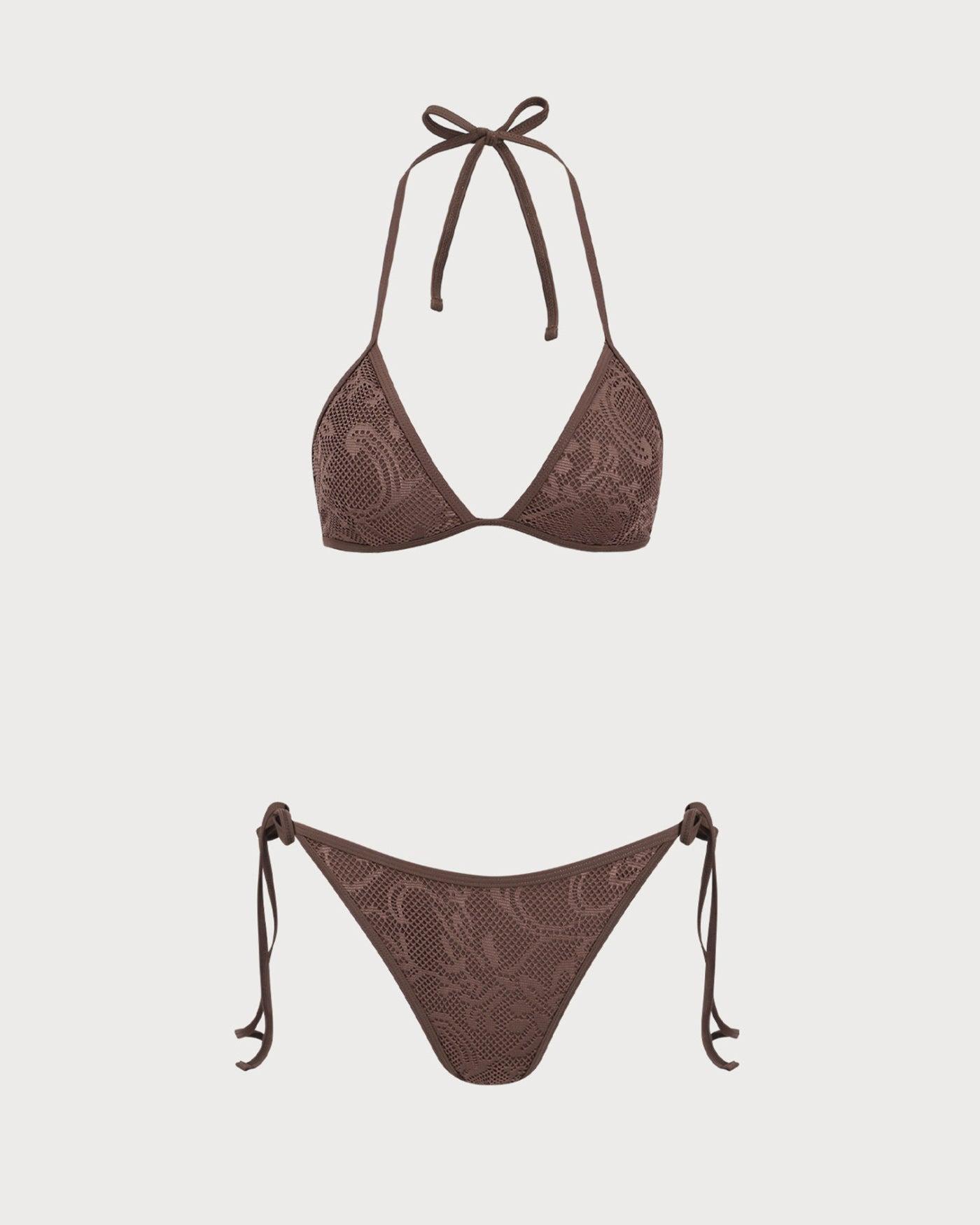 Brown Textured Halter Bikini Suit Product Image