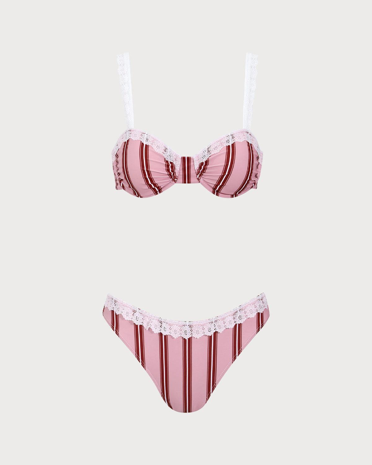 Pink Striped Underwired Lace Bikini Set Product Image