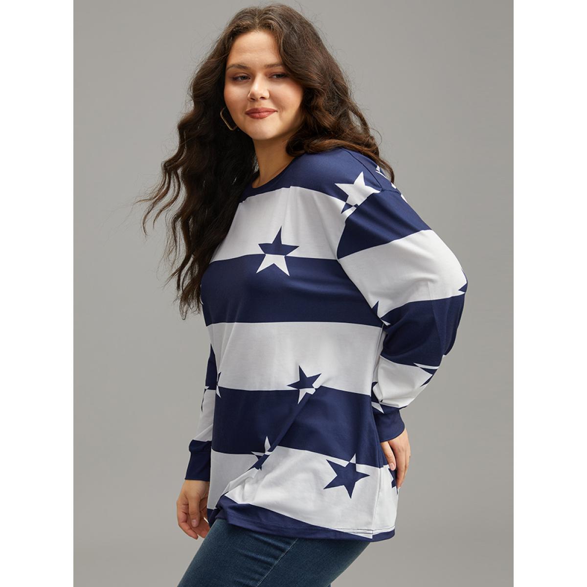 Plus Size Striped & Star Contrast Crew Neck T-shirt Blue Women Casual Contrast Moon and Star Round Neck Dailywear T-shirts BloomChic 10/M Product Image