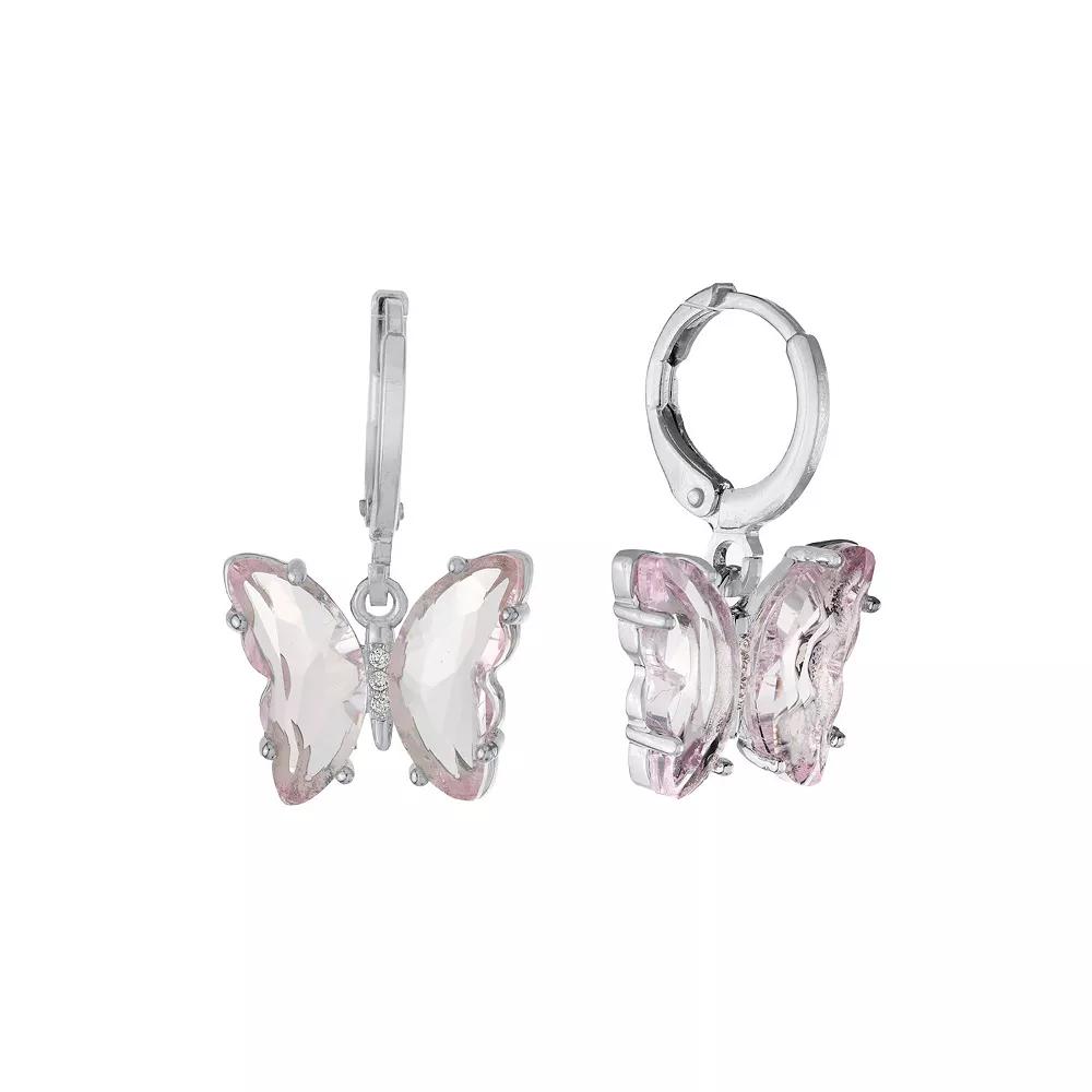 Main and Sterling Light Pink Crystal Butterfly Drop Earrings, Women's, Silver Tone Product Image