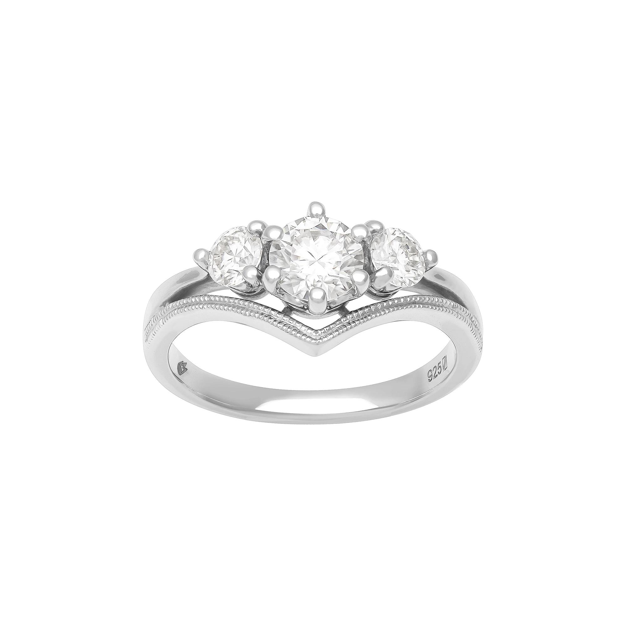 Love Always Sterling Silver Lab-Created Moissanite Three-Stone Chevron Ring, Women's, Size: 9 Product Image