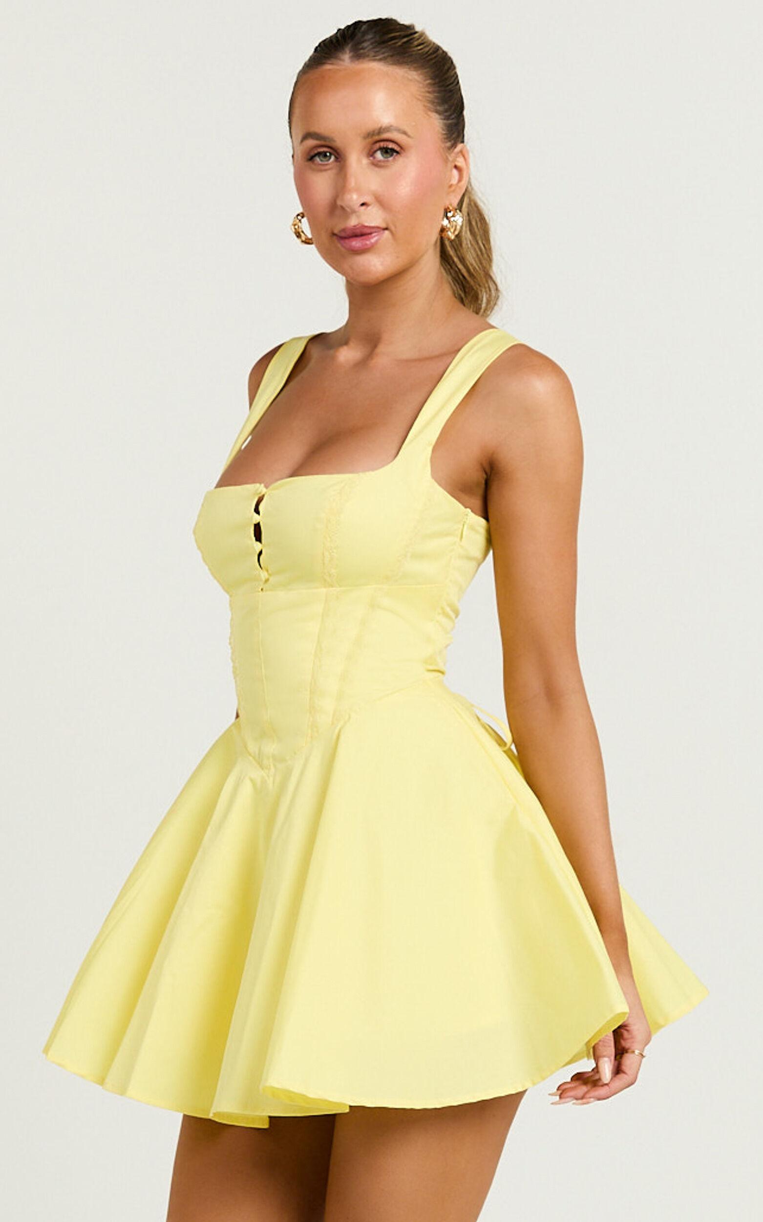 Indi Mini Dress - Square Neckline Lace Up Back Dress in Lemon Product Image