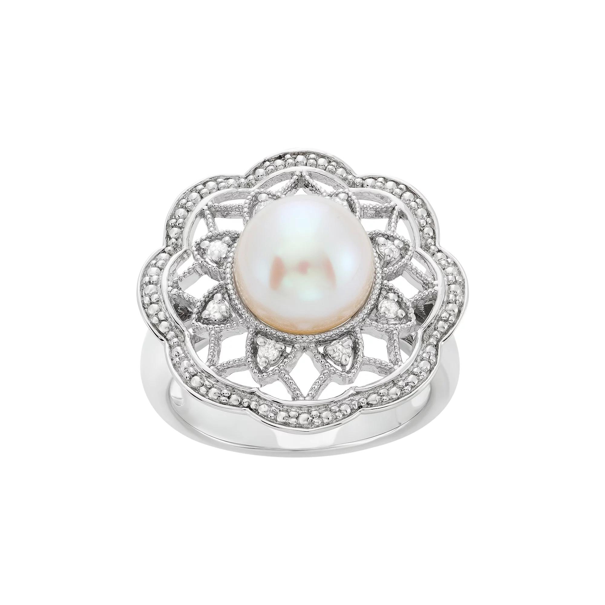 Freshwater Cultured Pearl and 1/10 Carat T.W. Diamond Sterling Silver Flower Ring, Women's, Size: 8, White Product Image