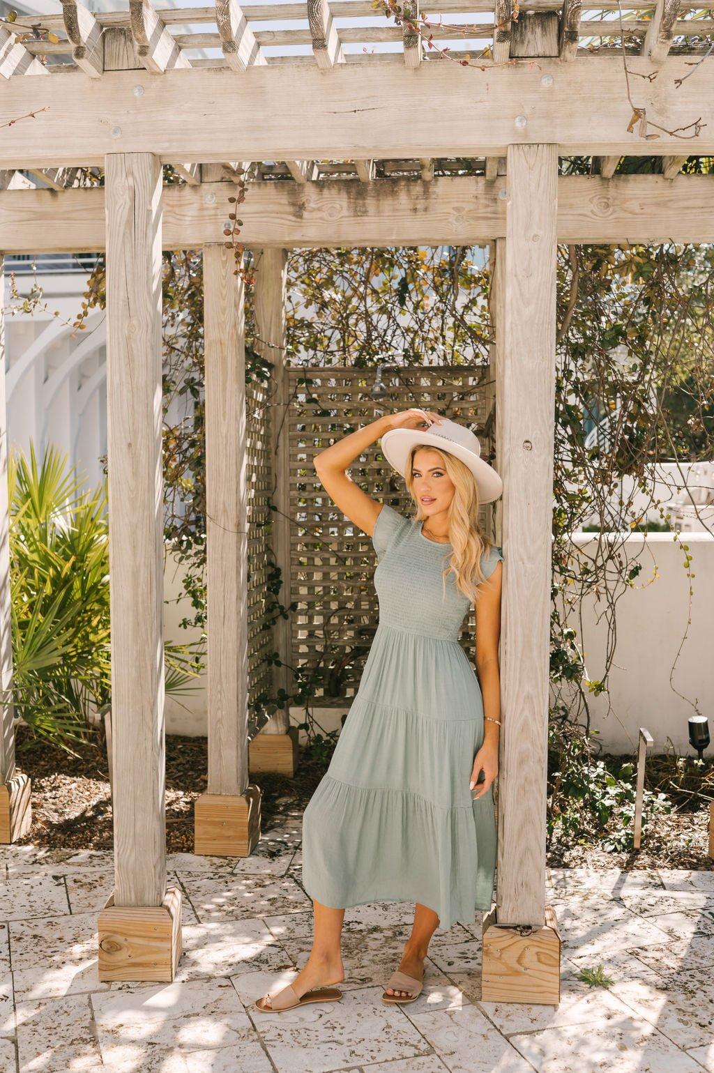 Sage Smock Tiered Midi Dress Product Image