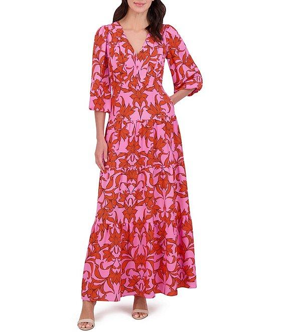 Vince Camuto Woven Floral Print V-Neck 3/4 Sleeve Tiered Maxi Dress Product Image