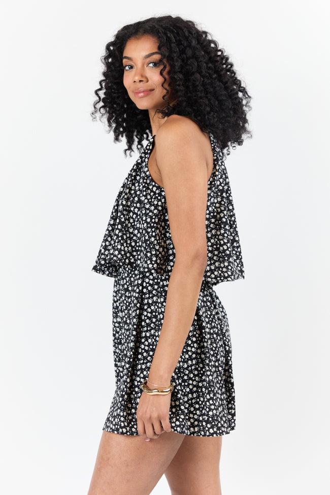 Spotlight Moment Black and White Daisy Print Halter Neck Romper DOORBUSTER Product Image