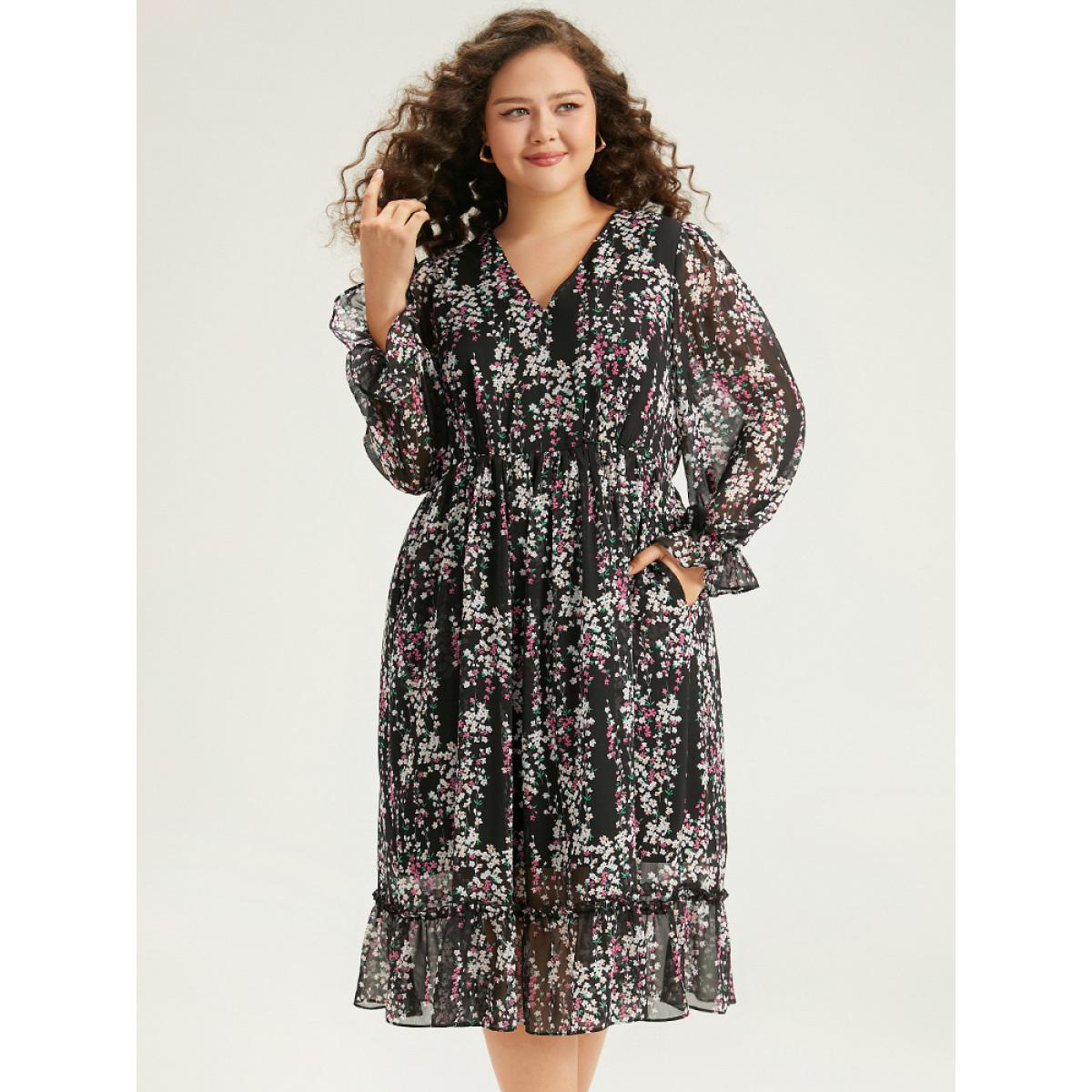 Plus Size Ditsy Floral Chiffon Patchwork Frill Trim Dress Black Women Elegant See through V-neck Long Sleeve Curvy Midi Dress BloomChic 14-16/1X Product Image