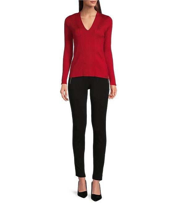 Calvin Klein Metallic Knit V-Neck Long Sleeve Top Product Image