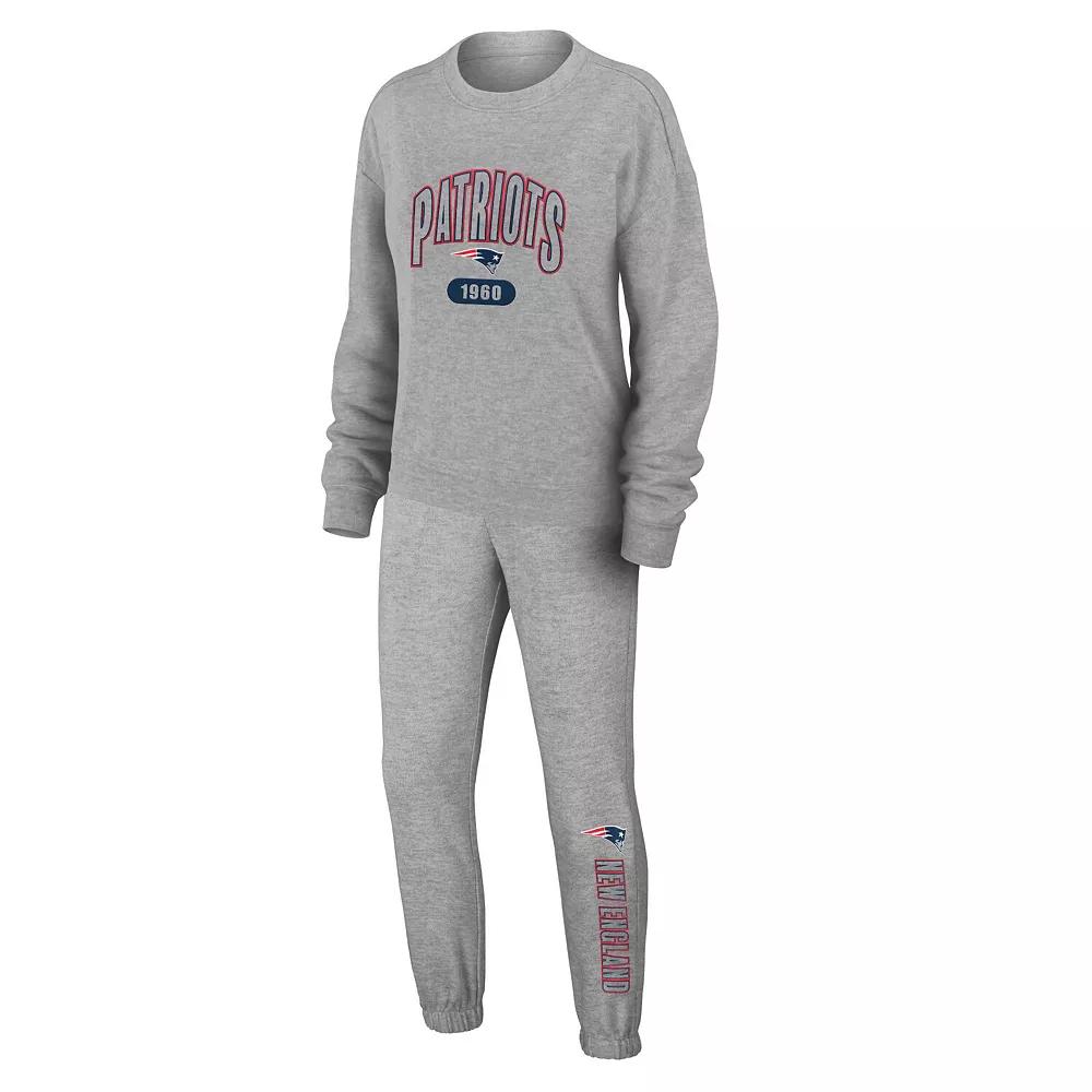 Women's WEAR by Erin Andrews Heather Gray New England Patriots Knit Long Sleeve Tri-Blend T-Shirt & Pants Sleep Set,  Product Image